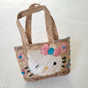 Vintage Y2K Hello Kitty Embroidered Raffia Palm Purse Tropical "Cailey" Sanrio